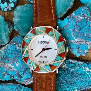 Southwest, Pearl Face, Zuni inspiriert, Türkis und Silber Uhr, Marke Sedona, (NOS)