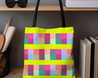 Unique Large Tote Bag, vibrant colorful tote bag with a plaid pattern, large tote bag with color, cute and durable tote bag