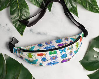 Colorful Bug Print Fanny Pack, Beetle Design Waist Bag, Bright Bug/Beetle Crossbody Bag, Trendy Bug Bag Gift