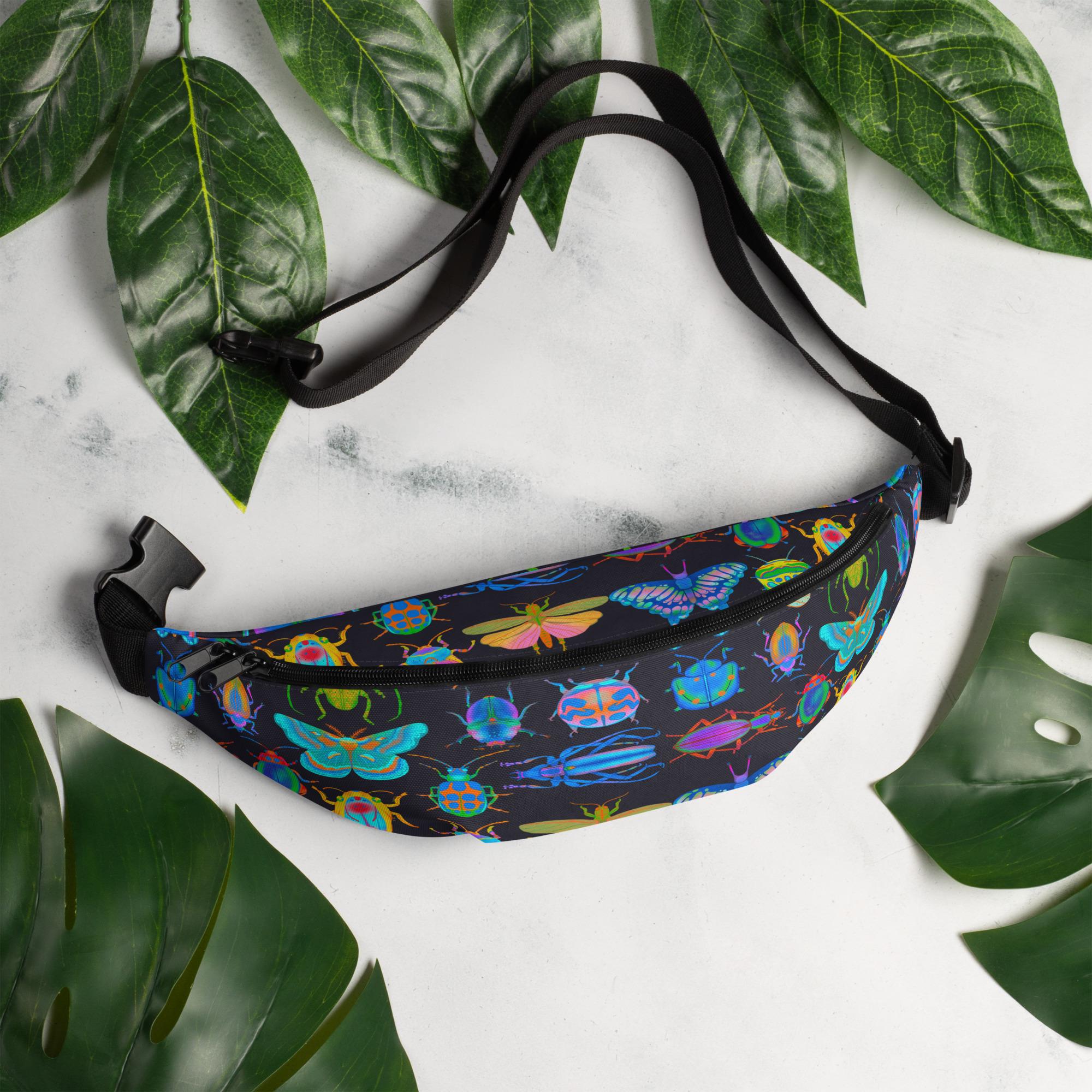 Colorful Bug Print Fanny Pack, Beetle Design Waist Bag, Bright Bug/Beetle Crossbody Bag, Trendy Bug Bag Gift