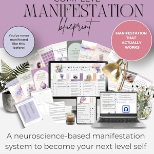 May include: A complete manifestation blueprint with workbooks, resource books, and subconscious reprogramming tools. The image includes a laptop, tablet, and various journals, with text that reads "Manifestation that actually works."