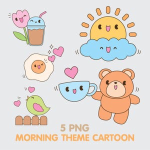 Un conjunto de 5 adorables ilustraciones de dibujos animados en estilo kawaii (formato PNG), basadas en el tema de la feliz mañana.