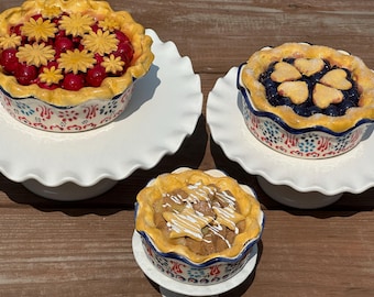 Faux pies~Set of three~In matching ceramic dishes~apple, blueberry, and cherry pie