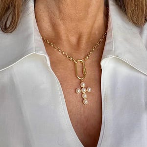Gold Carabiner Necklace: Pearl Cross Pendant, 14kt gold fill Chain. Cross necklace
