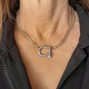 Chunky Curb Chain Necklace: Mixed Metal Shackle Clasp