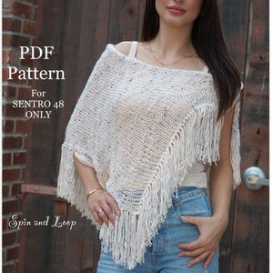 May include: A white knitted poncho with fringe, featuring a speckled pattern of blue and white yarn. The text "PDF Pattern For SENTRO 48 ONLY" is printed on the image. The text "Spin and Loop" is printed in the bottom left corner of the image.