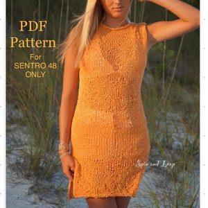 May include: A close-up of a woman wearing a sleeveless, orange crochet dress. The dress has a loose, open weave and is made with a fine yarn. The dress is shown against a background of sand and tall grass. The text "PDF Pattern For SENTRO 48 ONLY" is visible in the upper left corner of the image. The text "Spin and Loop" is visible in the lower right corner of the image.