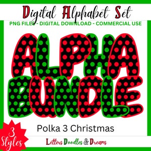 Weihnachten Polka Dot Digital Alphabet Set, druckbare PNG Alpha Pack Design, Doodle Clipart Buchstaben für kommerzielle Nutzung & individuelle Weihnachtsgeschenke