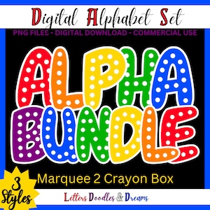 Rainbow Marquee Dots Digital Alphabet Set, druckbare PNG Alpha Pack, Doodle Clipart Buchstaben, kommerzielle Nutzung & individuelle Wortkunstgeschenke