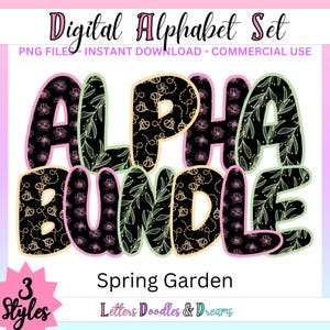 Frühlingsgarten Digitales Alphabet Set, druckbares PNG Alpha Pack Design, Doodle Clipart Buchstaben für kommerzielle Nutzung und personalisierte individuelle Geschenke