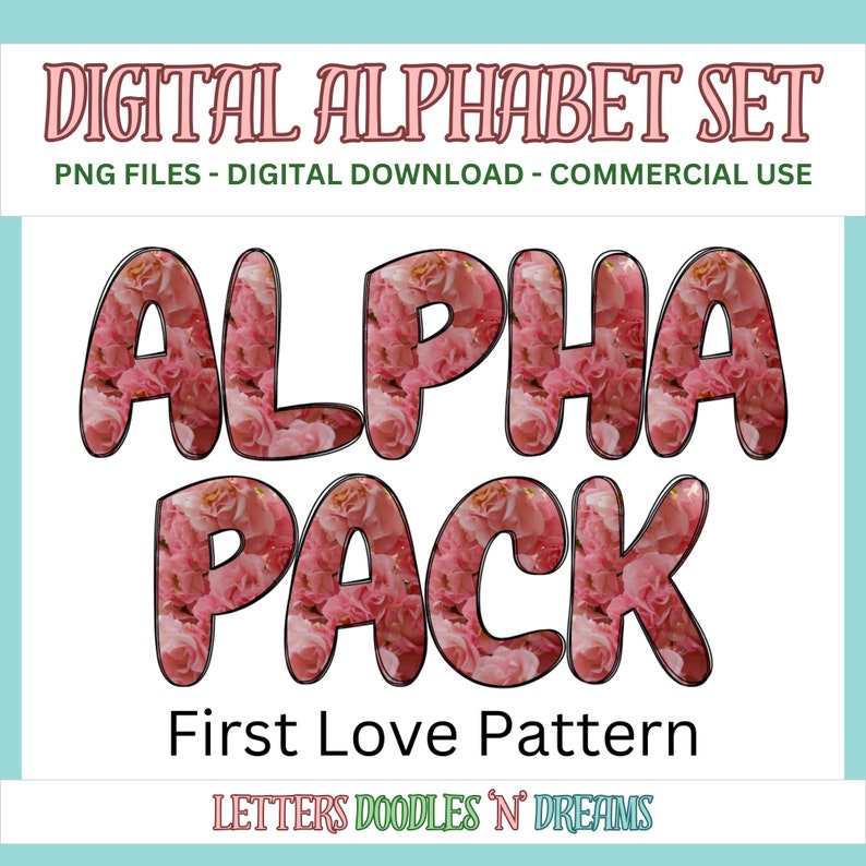 Pink Rose Digital Alphabet Set, Printable PNG Alpha Pack Design, Doodle ...