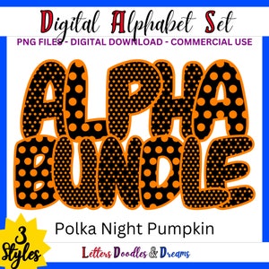 Orange Polka Dot Digitales Alphabet Set, druckbares PNG Alpha Pack Design, Doodle Clipart Buchstaben für kommerzielle Nutzung & individuelle Wortkunstgeschenke