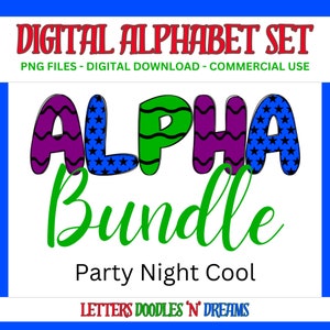 Sterne & Luftschlangen Digitales Alphabet Set, druckbares PNG Alpha Pack Design, Doodle Clipart Buchstaben für kommerzielle Nutzung und persönliche benutzerdefinierte Kunst