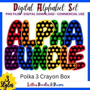 Rainbow Polka Dot Digitales Alphabet Set, druckbares PNG Alpha Pack Design, Doodle Clipart Buchstaben für kommerzielle Nutzung & individuelle Wortkunstgeschenke
