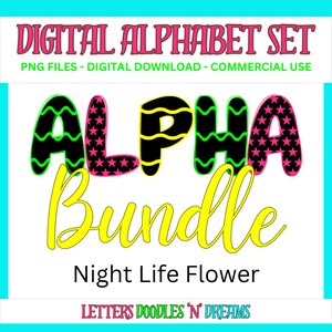 Sterne & Luftschlangen Digitales Alphabet Set, druckbares PNG Alpha Pack Design, Doodle Clipart Buchstaben für kommerzielle Nutzung und persönliche benutzerdefinierte Kunst