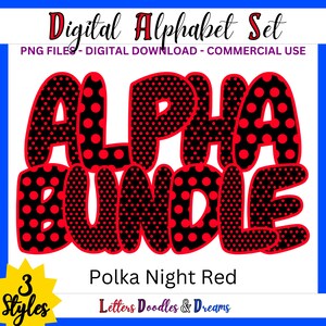 Red Polka Dot Digitales Alphabet Set, druckbares PNG Alpha Pack Design, Doodle Clipart Buchstaben für kommerzielle Nutzung & individuelle Wortkunstgeschenke