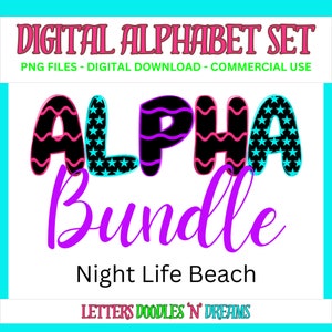 Sterne & Luftschlangen Digitales Alphabet Set, druckbares PNG Alpha Pack Design, Doodle Clipart Buchstaben für kommerzielle Nutzung und persönliche benutzerdefinierte Kunst