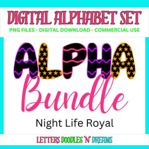 Sterne & Luftschlangen Digitales Alphabet Set, druckbares PNG Alpha Pack Design, Doodle Clipart Buchstaben für kommerzielle Nutzung und persönliche benutzerdefinierte Kunst