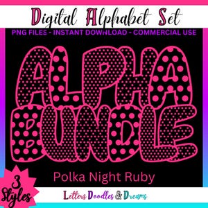 Neon Pink Polka Dots Digitales Alphabet Set, druckbares PNG Alpha Pack Design, Doodle Clipart Buchstaben für kommerzielle Nutzung und individuelle Wortkunst
