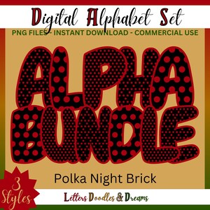 Dark Red Polka Dot Digital Alphabet Set, druckbare PNG Alpha Pack, Doodle Clipart Buchstaben für kommerzielle Nutzung & individuelle Wortkunstgeschenke