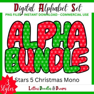 Weihnachtssterne Digital Alphabet Set, druckbare PNG Alpha Pack Design, Doodle Clipart Buchstaben für kommerzielle Nutzung & individuelle Weihnachtsgeschenke