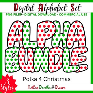 Weihnachten Polka Dot Digital Alphabet Set, druckbare PNG Alpha Pack Design, Doodle Clipart Buchstaben für kommerzielle Nutzung & individuelle Weihnachtsgeschenke