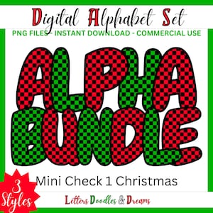 Weihnachten Mini Check Digital Alphabet Set, druckbare PNG Alpha Pack Design, Doodle Clipart Buchstaben für kommerzielle Nutzung & individuelles Weihnachtsgeschenk