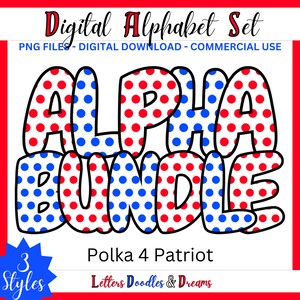 Patrischer Polka Dot Digital Alphabet Set, druckbares PNG Alpha Pack Design, Doodle Clipart Buchstaben für kommerzielle Nutzung & benutzerdefinierte Wahlausrüstung