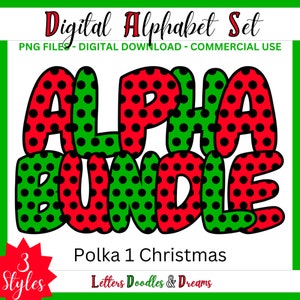 Weihnachten Polka Dot Digital Alphabet Set, druckbare PNG Alpha Pack Design, Doodle Clipart Buchstaben für kommerzielle Nutzung & individuelle Weihnachtsgeschenke