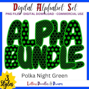 Grün Punkte Digitales Alphabet Set, druckbares PNG Alpha Pack Design, Doodle Clipart Buchstaben für kommerzielle Nutzung & individuelle Wortkunstgeschenke