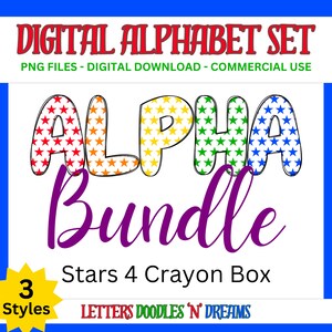 Regenbogen Sterne Digitales Alphabet Set, druckbares PNG Alpha Pack Design, Doodle Clipart Buchstaben für kommerzielle Nutzung und persönliche benutzerdefinierte Kunst