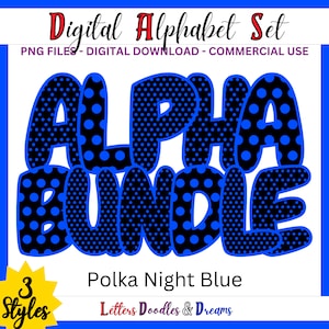 Blau Tupfen Digitales Alphabet Set, druckbares PNG Alpha Pack Design, Doodle Clipart Buchstaben für kommerzielle Nutzung & individuelle Wortkunstgeschenke