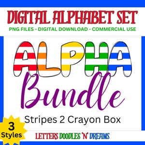 Rainbow Stripes Digitales Alphabet Set, druckbares PNG Alpha Pack Design, Doodle Clipart Buchstaben für kommerzielle Nutzung und persönliche kundenspezifische Kunst
