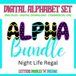 Sterne & Luftschlangen Digitales Alphabet Set, druckbares PNG Alpha Pack Design, Doodle Clipart Buchstaben für kommerzielle Nutzung und persönliche benutzerdefinierte Kunst
