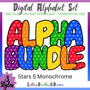 Monochrome Sterne Digitales Alphabet Set, druckbares PNG Alpha Pack Design, Doodle Clipart Buchstaben für kommerzielle Nutzung & individuelle Wortkunstgeschenke