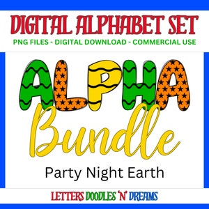 Sterne & Luftschlangen Digitales Alphabet Set, druckbares PNG Alpha Pack Design, Doodle Clipart Buchstaben für kommerzielle Nutzung und persönliche benutzerdefinierte Kunst