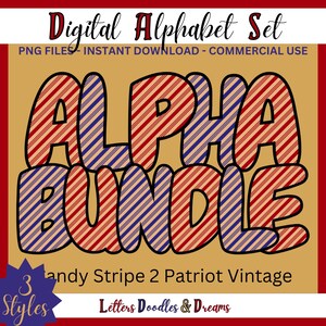 Vintage Patriotic Candy Stripe Digitales Alphabet zum druckbaren PNG-Alpha Pack, Doodle Clipart Buchstaben, kommerzielle Nutzung und benutzerdefinierte Wahlausrüstung