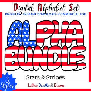 Amerikanisches Vaterländisches Digitales Alphabet-Set, druckbares PNG Alpha Pack-Design, Doodle Clipart Buchstaben für den kommerziellen Gebrauch und benutzerdefinierte Wahlausrüstung