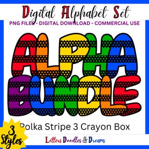 Rainbow Polka Dot Stripe Digitales Alphabet-Set, druckbare PNG-Schrift, Alpha-Pack, Doodle-Clipart-Buchstaben, kommerzielle Nutzung und individuelle Wortkunstgeschenke