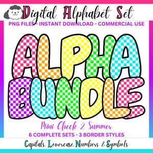 Bright Mini Check Alpha Doodle Letter Font PNG Clipart Printable Digital Alphabet Set DIY Party Decor Summer Beach Toalha Artesanal para a Mãe