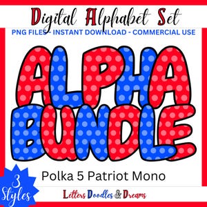 Vaterländische Polka Dot Digital Alphabet Set, druckbares PNG Alpha Pack Design, Doodle Clipart Buchstaben, kommerzielle Nutzung & benutzerdefinierte Wahlausrüstung
