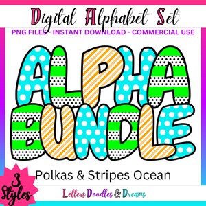 Polkas & Stripes Digitales Alphabet Set, druckbares PNG Alpha Pack Design, Doodle Clipart Buchstaben für kommerzielle Nutzung und persönliche individuelle Geschenke