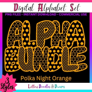 Alfabeto digital con lunares de color naranja neón, paquete de diseño PNG imprimible, letras prediseñadas de garabatos para uso comercial y Word Art personalizado