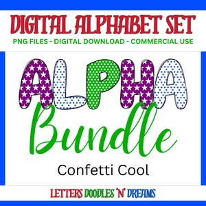 Stars & Polkas Digitales Alphabet Set, druckbares PNG Alpha Pack Design, Doodle Clipart Buchstaben für kommerzielle Nutzung und persönliche benutzerdefinierte Kunst