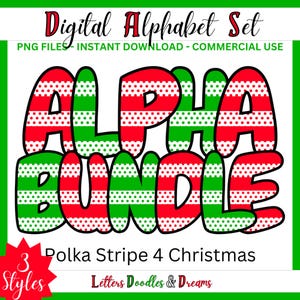 Alfabeto digital de rayas y lunares navideños, paquete de fuente PNG imprimible, letras prediseñadas de garabatos, uso comercial, regalos navideños personalizados
