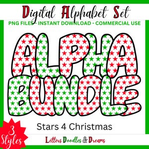 Weihnachtssterne Digital Alphabet Set, druckbare PNG Alpha Pack Design, Doodle Clipart Buchstaben für kommerzielle Nutzung & individuelle Weihnachtsgeschenke