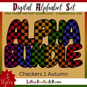 Vintage Rainbow Checkers Digital Alphabet Set, druckbare PNG Alpha Pack, Doodle Clipart Buchstaben, kommerzielle Nutzung & individuelle Wortkunst