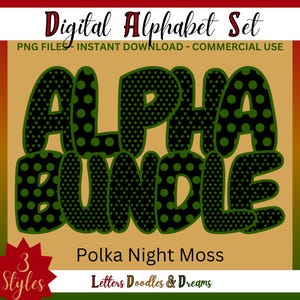 Dark Green Polka Dot Digital Alphabet Set, druckbare PNG Alpha Pack, Doodle Clipart Buchstaben für kommerzielle Nutzung & individuelle Wortkunstgeschenke