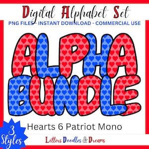 Alfabeto digital monocromático patriótico con forma de corazón, paquete de fuente PNG imprimible, letras prediseñadas de garabatos, uso comercial, equipo electoral personalizado