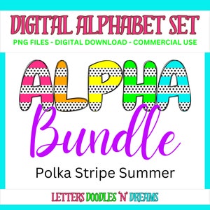 Bright Polka Ribbon Digitales Alphabet Set, druckbares PNG Alpha Pack Design, Doodle Clipart Buchstaben für kommerzielle Nutzung und persönliche benutzerdefinierte Kunst